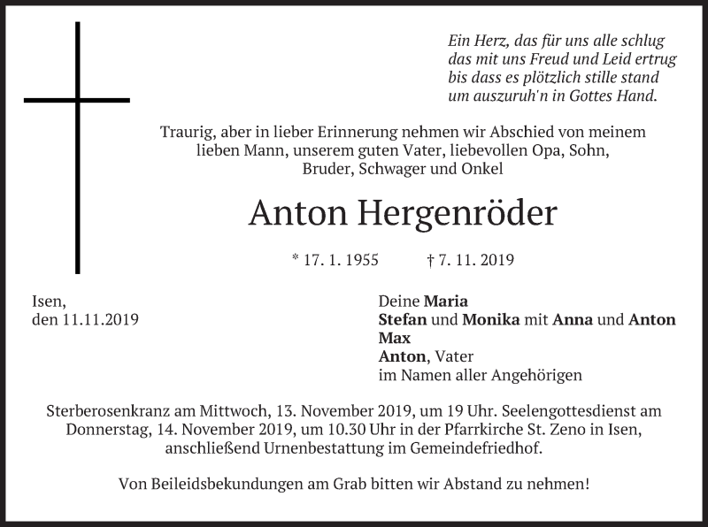  Traueranzeige für Anton Hergenröder vom 11.11.2019 aus merkurtz