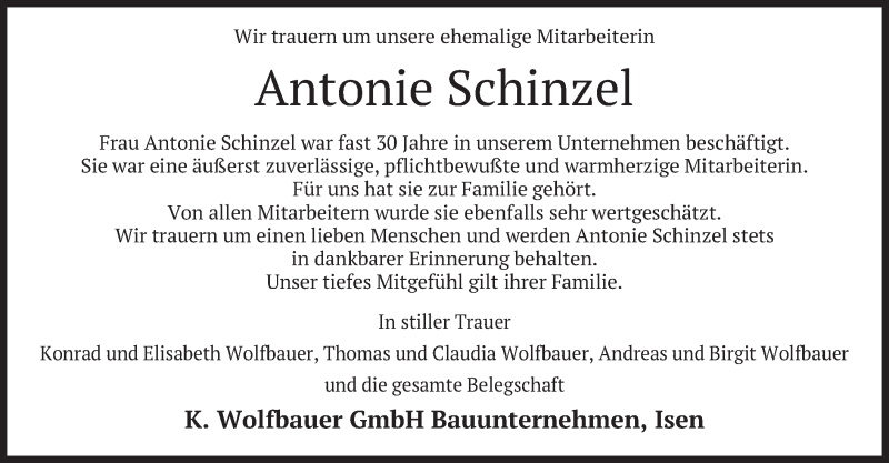  Traueranzeige für Antonie Schinzel vom 19.11.2019 aus merkurtz