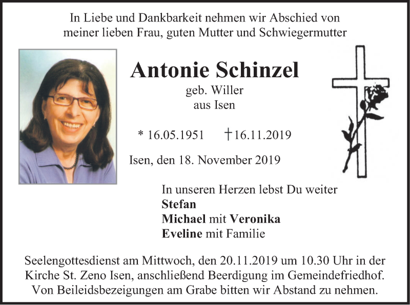  Traueranzeige für Antonie Schinzel vom 18.11.2019 aus merkurtz