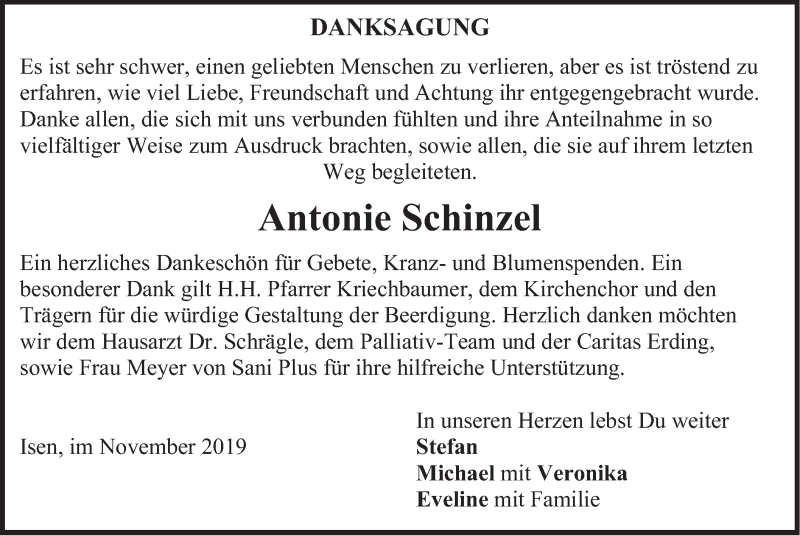  Traueranzeige für Antonie Schinzel vom 30.11.2019 aus merkurtz