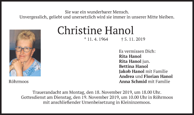  Traueranzeige für Christine Hanol vom 14.11.2019 aus merkurtz
