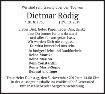 Traueranzeige von Dietmar Rödig von merkurtz