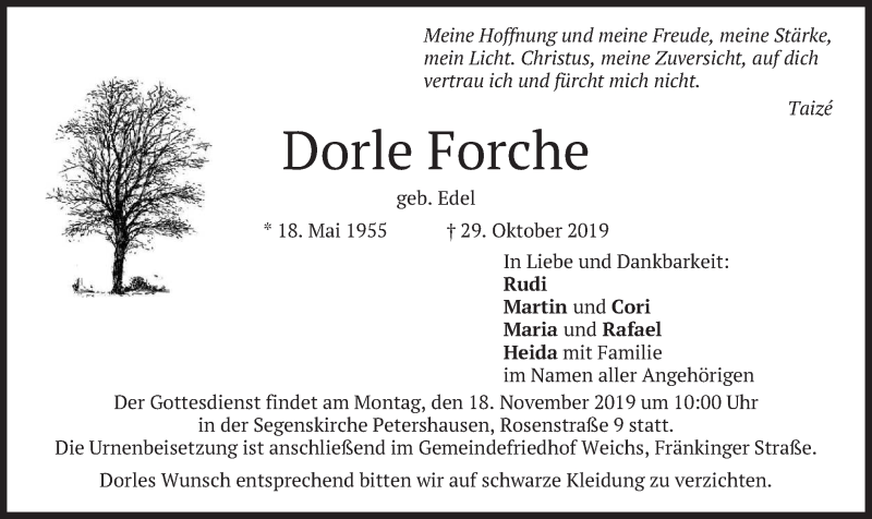  Traueranzeige für Dorle Forche vom 09.11.2019 aus merkurtz