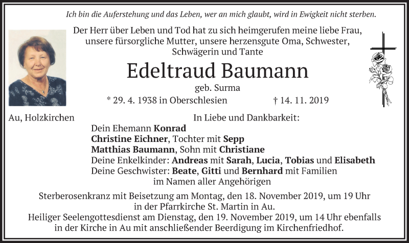  Traueranzeige für Edeltraud Baumann vom 16.11.2019 aus merkurtz
