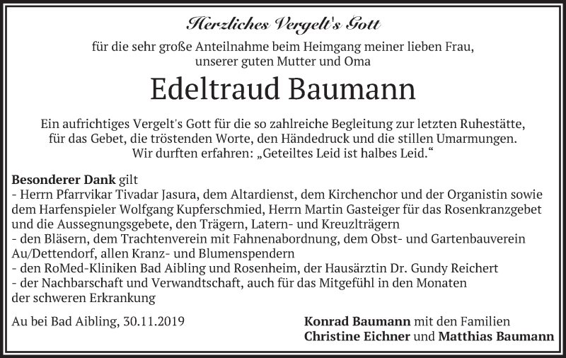 Traueranzeige für Edeltraud Baumann vom 30.11.2019 aus merkurtz
