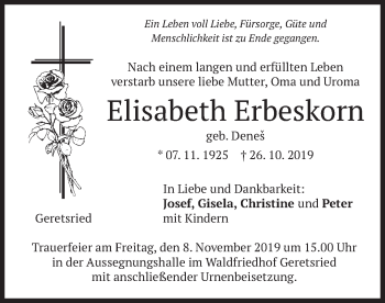 Traueranzeige von Elisabeth Erbeskorn von merkurtz