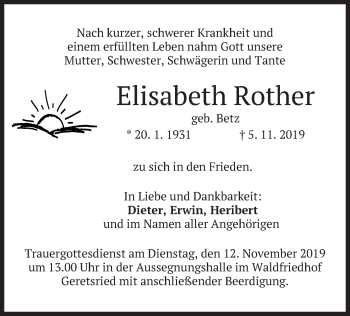 Traueranzeige von Elisabeth Rother von merkurtz