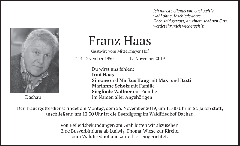 Traueranzeige für Franz Haas vom 21.11.2019 aus merkurtz