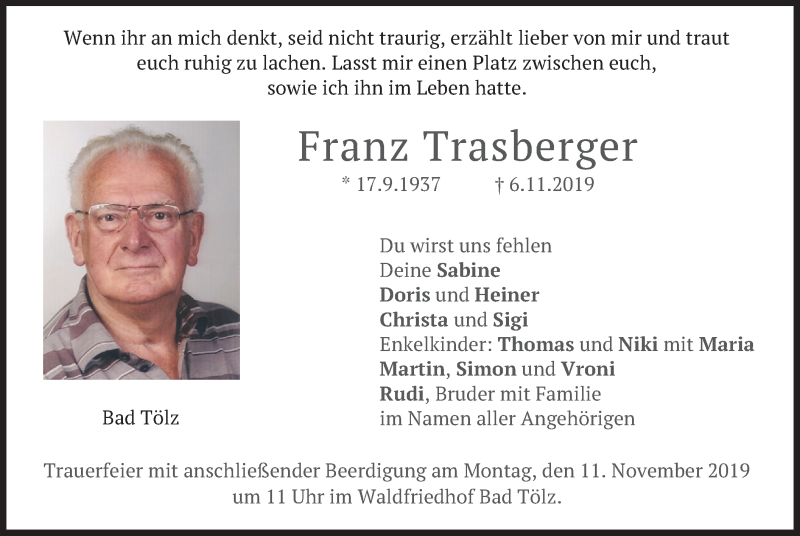  Traueranzeige für Franz Trasberger vom 08.11.2019 aus merkurtz