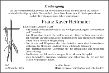 Traueranzeige von Franz Xaver Heilmaier von merkurtz