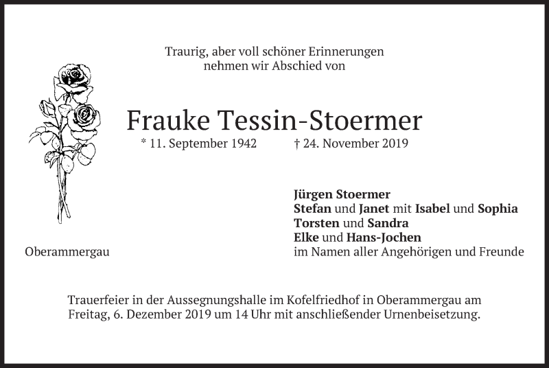  Traueranzeige für Frauke Tessin-Stoermer vom 30.11.2019 aus merkurtz