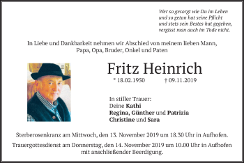 Traueranzeige von Fritz Heinrich von merkurtz