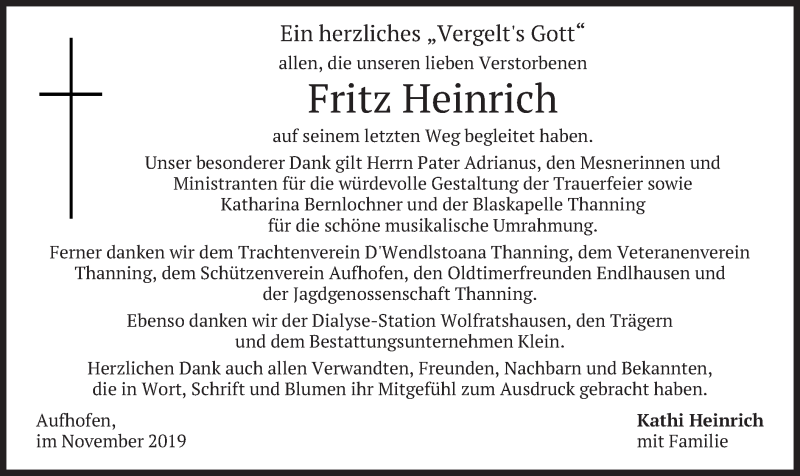  Traueranzeige für Fritz Heinrich vom 23.11.2019 aus merkurtz