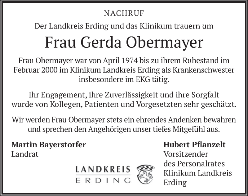  Traueranzeige für Gerda Obermayer vom 02.11.2019 aus merkurtz