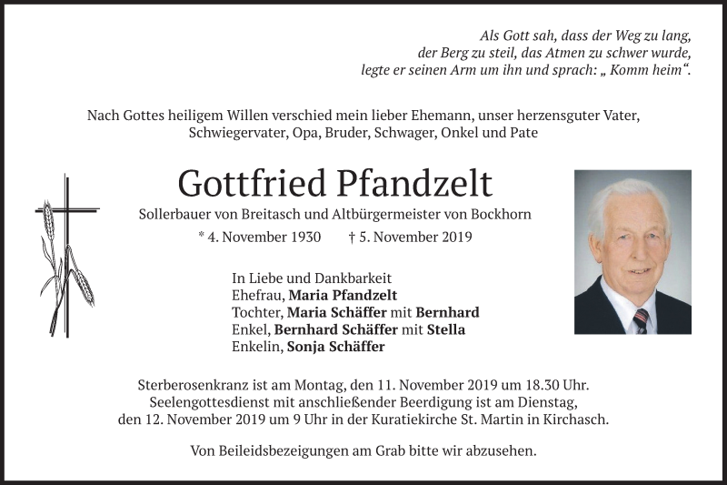 Traueranzeige für Gottfried Pfandzelt vom 08.11.2019 aus merkurtz