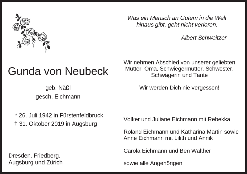  Traueranzeige für Gunda von Neubeck vom 25.11.2019 aus merkurtz