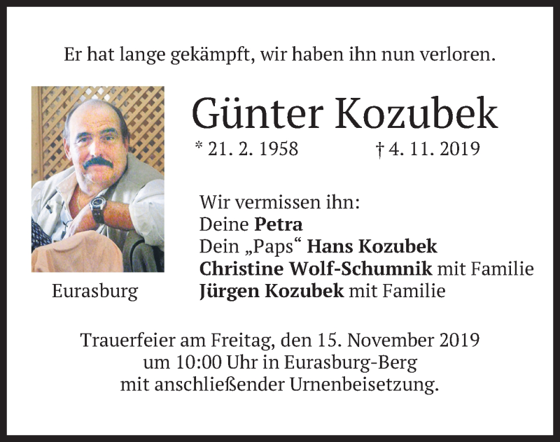  Traueranzeige für Günter Kozubek vom 13.11.2019 aus merkurtz