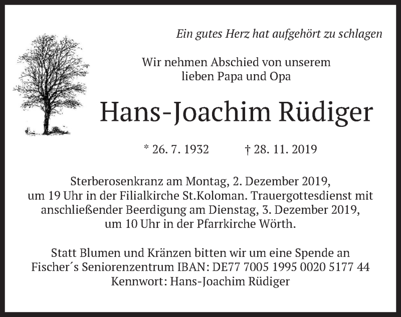  Traueranzeige für Hans-Joachim Rüdiger vom 30.11.2019 aus merkurtz