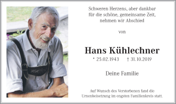 Traueranzeige von Hans Kühlechner von merkurtz