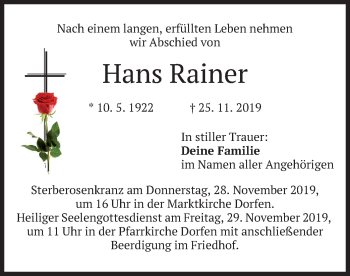 Traueranzeige von Hans Rainer von merkurtz