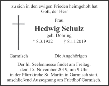 Traueranzeige von Hedwig Schulz von merkurtz