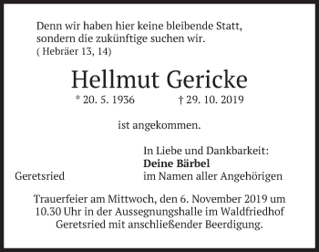 Traueranzeige von Hellmut Gericke von merkurtz