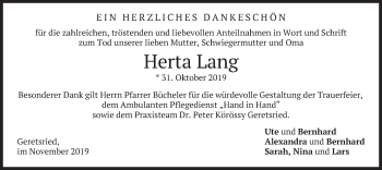 Traueranzeige von Herta Lang von merkurtz
