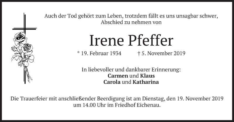  Traueranzeige für Irene Pfeffer vom 16.11.2019 aus merkurtz