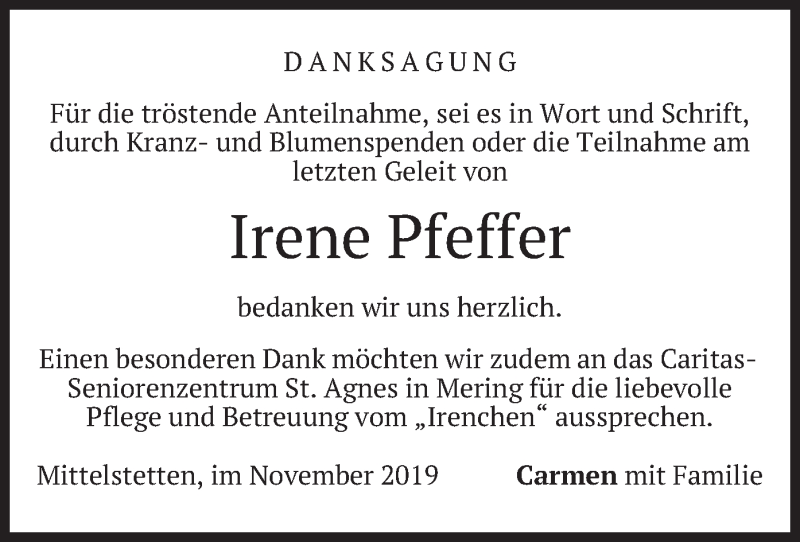  Traueranzeige für Irene Pfeffer vom 30.11.2019 aus merkurtz