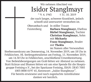 Traueranzeige von Isidor Stanglmayr von merkurtz