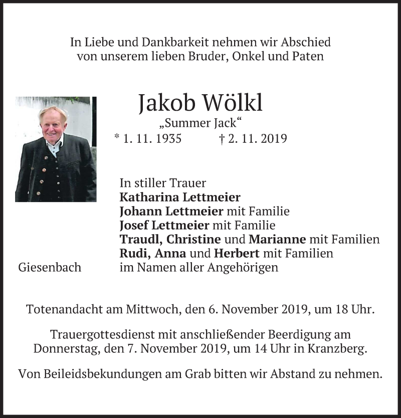  Traueranzeige für Jakob Wölkl vom 05.11.2019 aus merkurtz