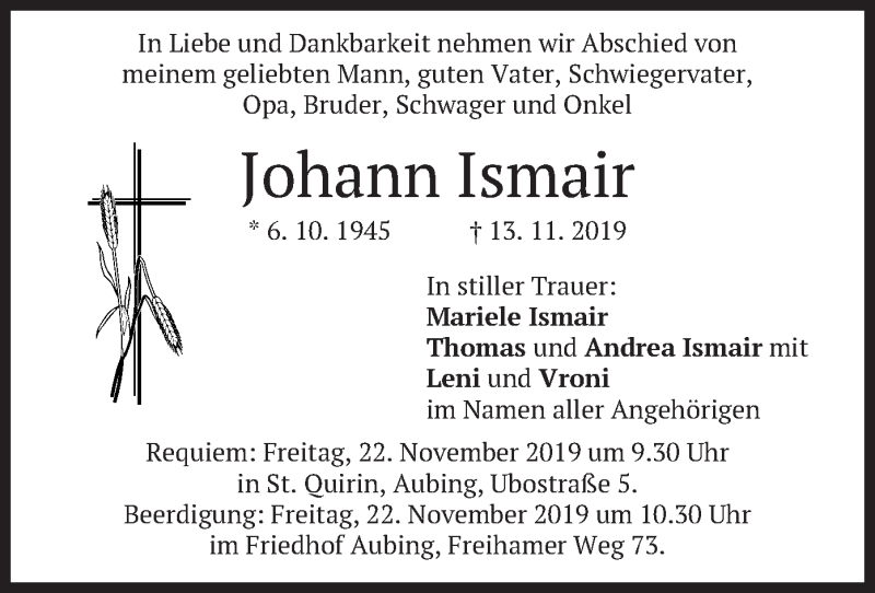 Traueranzeige für Johann Ismair vom 19.11.2019 aus merkurtz