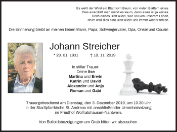 Traueranzeige von Johann Streicher von merkurtz