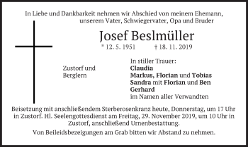 Traueranzeige von Josef Beslmüller von merkurtz