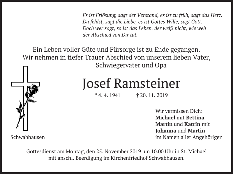  Traueranzeige für Josef Ramsteiner vom 23.11.2019 aus merkurtz