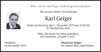 Traueranzeige von Karl Geiger von merkurtz