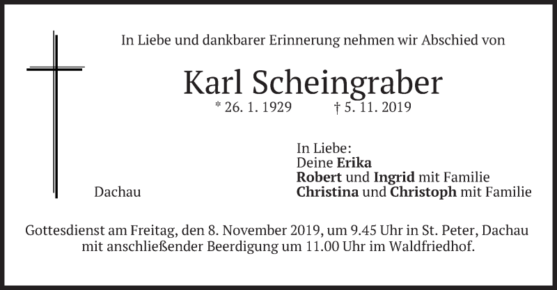  Traueranzeige für Karl Scheingraber vom 06.11.2019 aus merkurtz