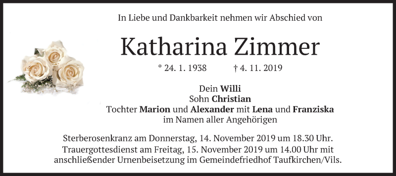  Traueranzeige für Katharina  Zimmer vom 09.11.2019 aus merkurtz