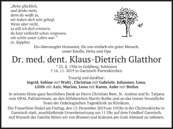 Traueranzeige von Klaus-Dietrich Glatthor von merkurtz
