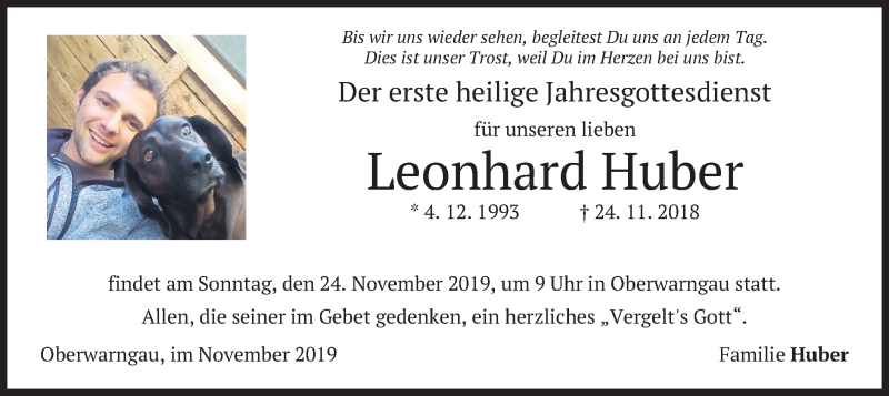  Traueranzeige für Leonhard Huber vom 22.11.2019 aus merkurtz