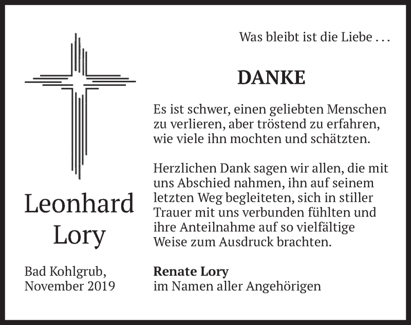  Traueranzeige für Leonhard Lory vom 30.11.2019 aus merkurtz