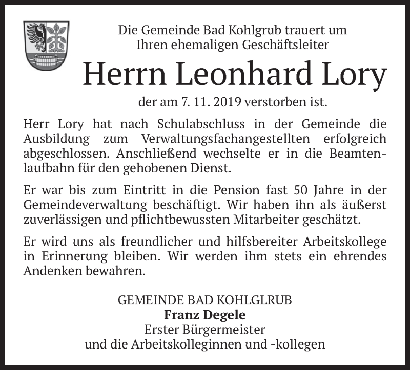  Traueranzeige für Leonhard Lory vom 22.11.2019 aus merkurtz