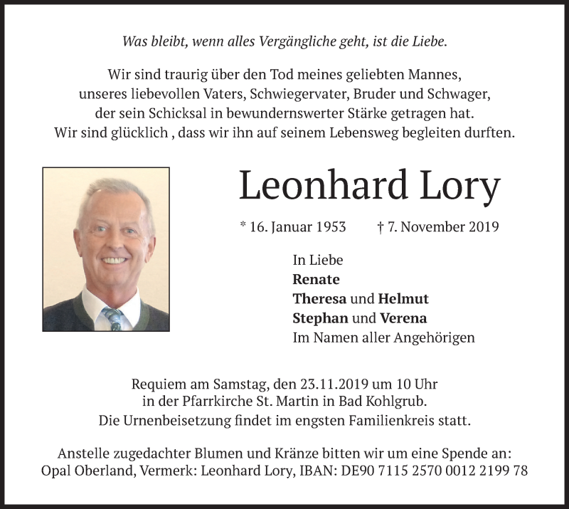  Traueranzeige für Leonhard Lory vom 20.11.2019 aus merkurtz