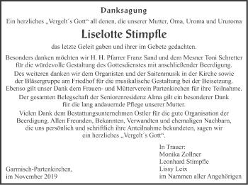 Traueranzeige von Liselotte Stimpfle