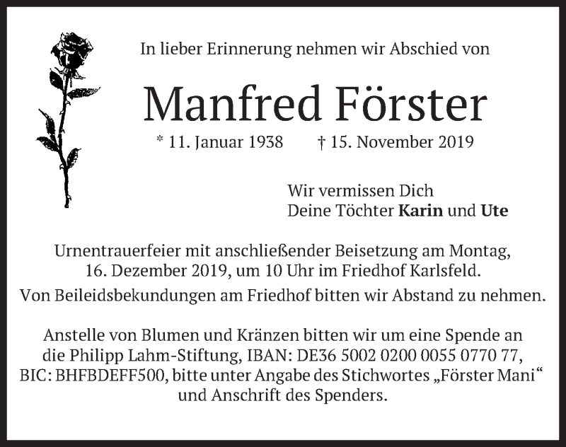  Traueranzeige für Manfred Förster vom 30.11.2019 aus merkurtz