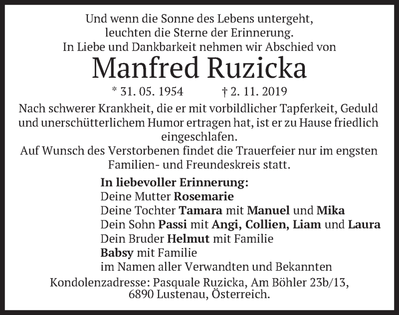  Traueranzeige für Manfred Ruzicka vom 12.11.2019 aus merkurtz
