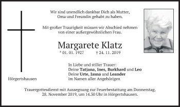 Traueranzeige von Margarete Klatz von merkurtz