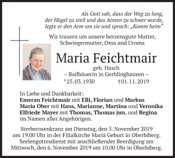 Traueranzeige von Maria Feichtmair von merkurtz