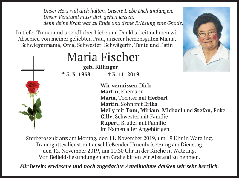 Traueranzeigen von Maria Fischer | trauer.merkur.de