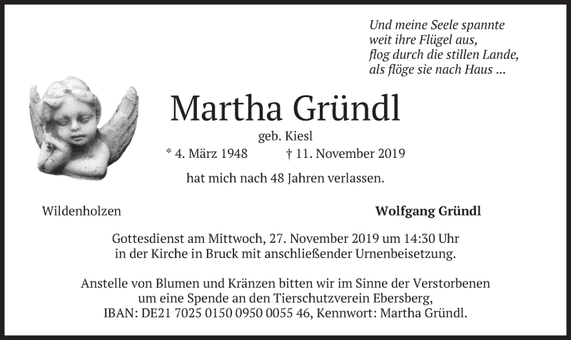  Traueranzeige für Martha Gründl vom 23.11.2019 aus merkurtz